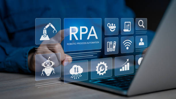 RPA Robotic process automation innovation technology concept. 
Businessman working on laptop using automate software system business for business and industrial workflow optimization.